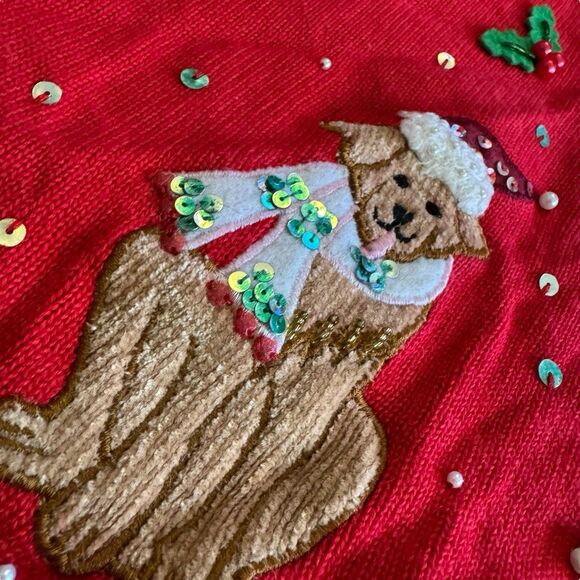 Ladies Christmas Sweater Puppies Dog Pug Golden Poodle Quaker Factory 3X Red - Picture 6 of 14